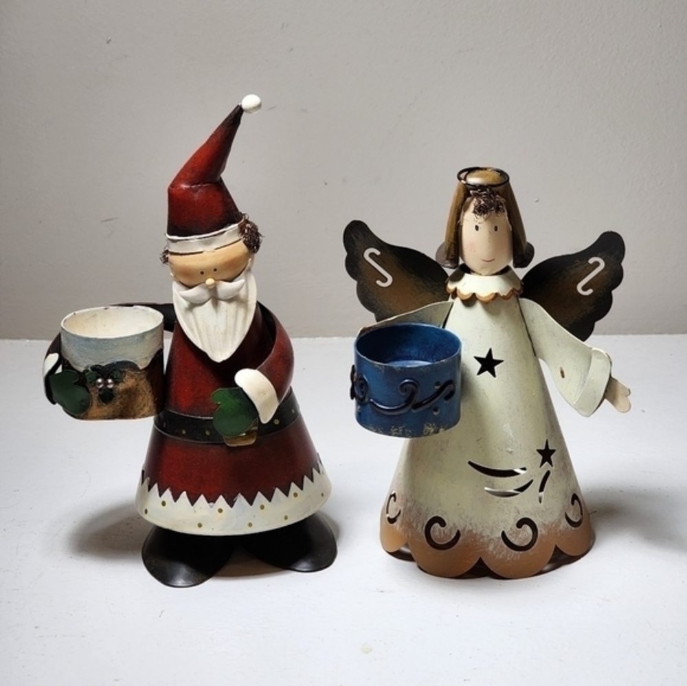 Metal Bobblehead Teallite Candle Holder Santa And Angel Christmas Decorations